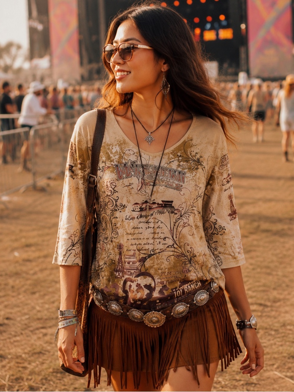 Cactus Casual Y2K Scoop Neck Printed Large Top Boho Ranch Western Festival Chic